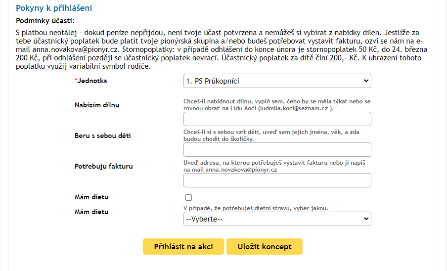 pokyny Formulář pro přihlášení na Kamínka